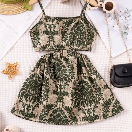 1 - 7 Y Baby Girls' Sling Cut - Out Vintage Floral Print Dress - Stylish & Breathable Summer Outfit for Kids Girls Dress