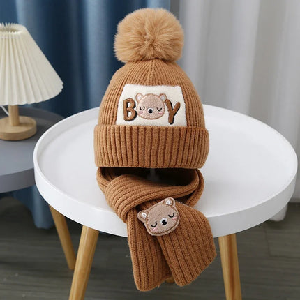 2Pcs/Set Children's Hat and Scarf Set for Boys and Girls Winter Warmth Cotton Lining Wool Knit Hats Baby Two-Piece Hat Set
