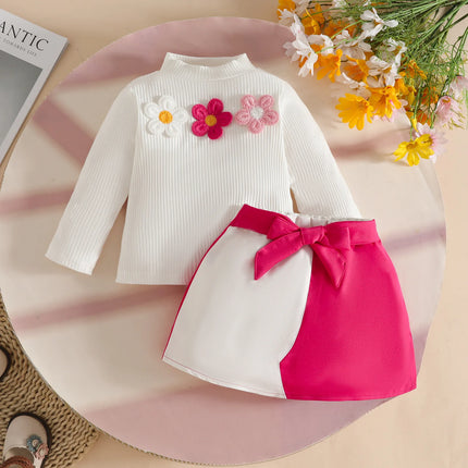 Baby Girl Outfit Set 0 - 3Y Baby Clothing Mock Neck Flower Applique Ribbed Top and Color Block Bow Skirt Cute Casual Party Wear