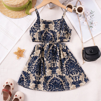 1 - 7 Y Baby Girls' Sling Cut - Out Vintage Floral Print Dress - Stylish & Breathable Summer Outfit for Kids Girls Dress