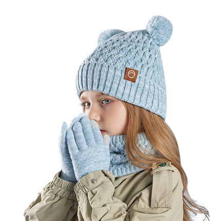 3Pcs Winter Kids Hat Set for Girls Boys Warm Knitted Children Beanie Scarf Gloves Fleece Lining Pompom Children Cap 4-10Y