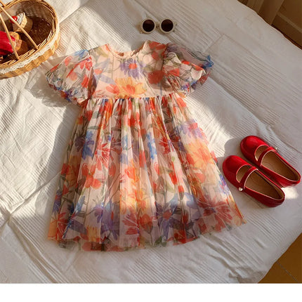 2025 Summer Kids Clothes Puff Sleeve Flower Print Dress For Girls Mesh Kids Dress for Girl