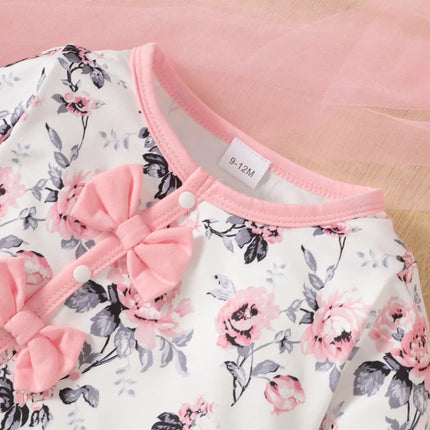 2pcs Baby Girls Cute Floral Graphic Print Bowknot Long Sleeve Romper & Hat Set Clothes