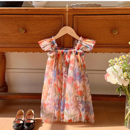 2025 Summer Kids Clothes Puff Sleeve Flower Print Dress For Girls Mesh Kids Dress for Girl