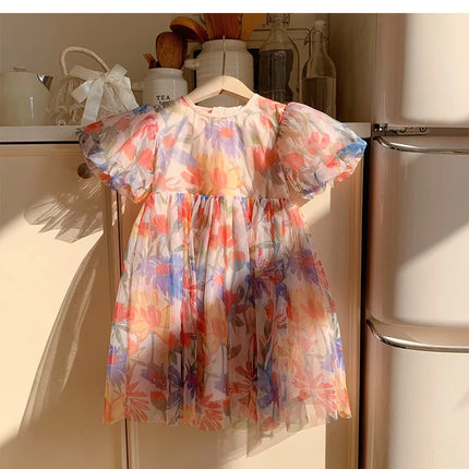 2025 Summer Kids Clothes Puff Sleeve Flower Print Dress For Girls Mesh Kids Dress for Girl