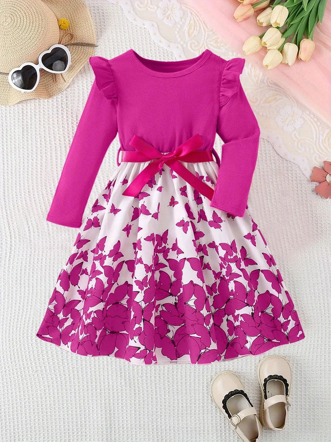 Autumn Girls' Casual And Fashionable Rose-Pink Butterfly Pattern Round-Neck Ruffled Long-Sleeved Dress