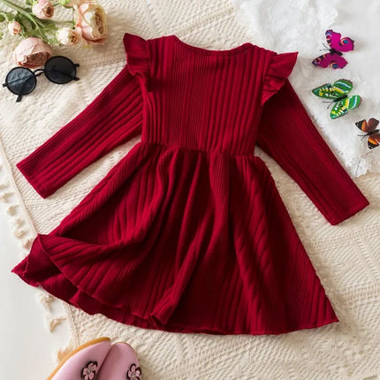 Baby Girl Button Front Solid Rib Knit Long-sleeve Dress Soft and Comfortable Perfect for Outings Daily Casual Wear Kids Clothes