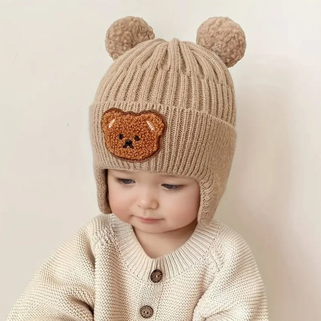 Winter Baby Beanie Cartoon Bear Ear Protection Knitted Hat, Suitable for Toddling Boys and Girls