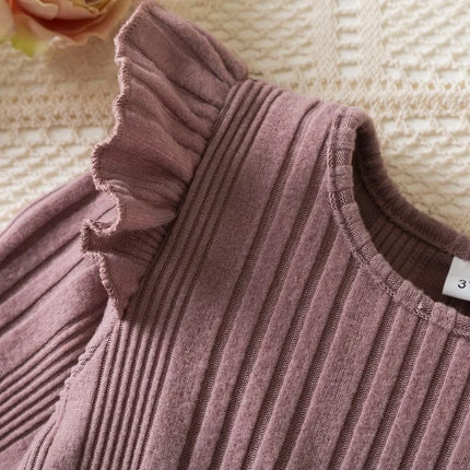 Baby Girl Button Front Solid Rib Knit Long-sleeve Dress Soft and Comfortable Perfect for Outings Daily Casual Wear Kids Clothes