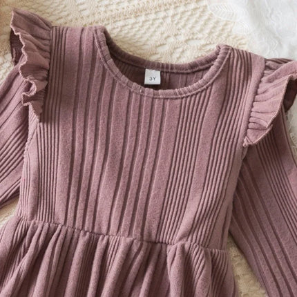 Baby Girl Button Front Solid Rib Knit Long-sleeve Dress Soft and Comfortable Perfect for Outings Daily Casual Wear Kids Clothes