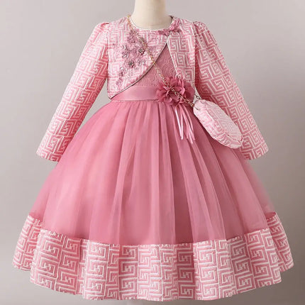 HETISO Girl Dresses with Bag long Sleeve Coat Tulle Princess Ball Gown for Kids in Party Birthday Graduation Christmas 3-10Y