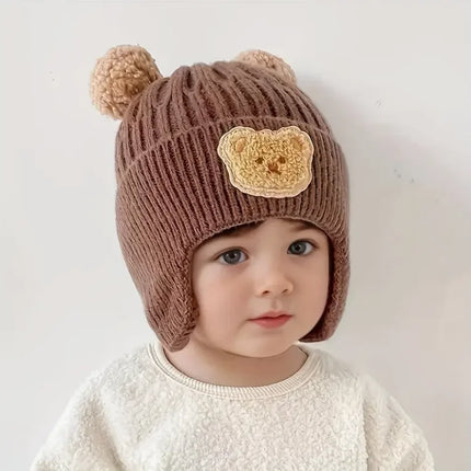 Winter Baby Beanie Cartoon Bear Ear Protection Knitted Hat, Suitable for Toddling Boys and Girls