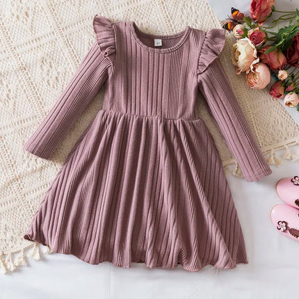 Baby Girl Button Front Solid Rib Knit Long-sleeve Dress Soft and Comfortable Perfect for Outings Daily Casual Wear Kids Clothes