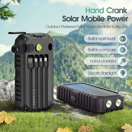40000mAh Solar Power Bank with Hand Crank Portable 22.5W Fast Charger Built-in Cable External Battery for Phones Camping Outdoor