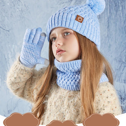 3Pcs Winter Kids Hat Set for Girls Boys Warm Knitted Children Beanie Scarf Gloves Fleece Lining Pompom Children Cap 4-10Y