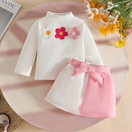 Baby Girl Outfit Set 0 - 3Y Baby Clothing Mock Neck Flower Applique Ribbed Top and Color Block Bow Skirt Cute Casual Party Wear