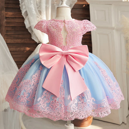 Baby Girls Dresses for 1st Birthday Party Backless Embroidery Elegant Big Bow Wedding Tutu Gown Girls Pink Formal Gala Costume