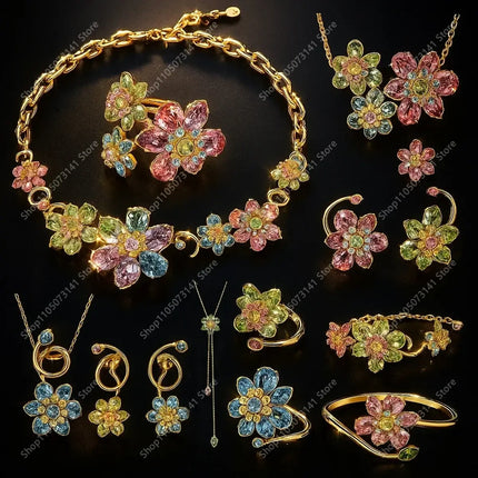 2025 Gorgeous Floral Gold Jewelry Set, Essential Necklace Pendant Bracelet, Earnail Ring for Banquet Parties - Lover Gift