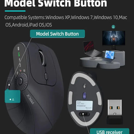Multi-Device Vertical Ergonomic Mouse With Function Adjustment Kno Rechargeable 2.4G Bluetooth Wireless Mouse for PC Tablet