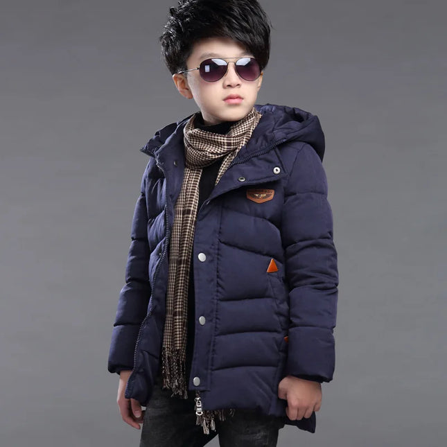 2025 New Winter Keep Warm Teenage Boys Jacket 5-14 Years Long Slim Fit Fashion Hooded Coat For Kids Children Outdoor Windbreaker