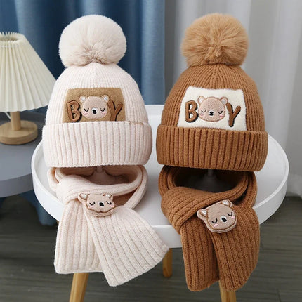 2Pcs/Set Children's Hat and Scarf Set for Boys and Girls Winter Warmth Cotton Lining Wool Knit Hats Baby Two-Piece Hat Set