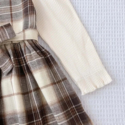 Korean Version Long Sleeved Shirt Fake Two-piece with Belt+Print Hat Outfits 3-7 Years Old Autumn New Plaid Girls Casual Dresses