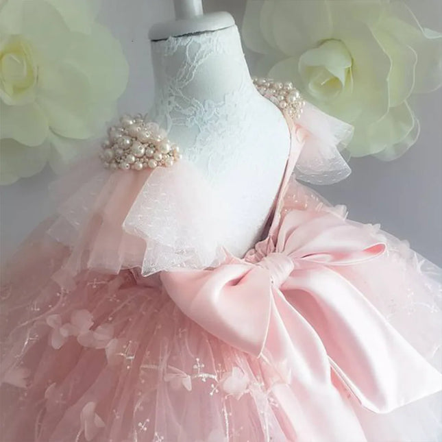 Elegant Girl Dress Girls 2025 Summer Fashion Pink Lace Big Bow Party Tulle Flower Princess Wedding Dresses Baby Girl Dress