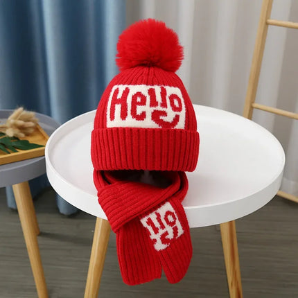 2Pcs/Set Children's Hat and Scarf Set for Boys and Girls Winter Warmth Cotton Lining Wool Knit Hats Baby Two-Piece Hat Set