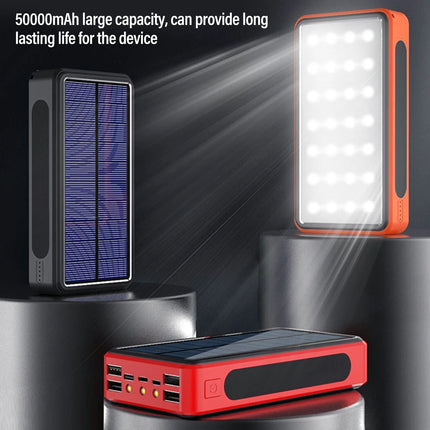 Solar Power Bank 50000mAh Aluminum Alloy USB Portable Charger Battery Pack with LED Light for Outdoor Camping Emergency