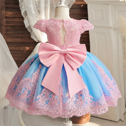 Baby Girls Dresses for 1st Birthday Party Backless Embroidery Elegant Big Bow Wedding Tutu Gown Girls Pink Formal Gala Costume