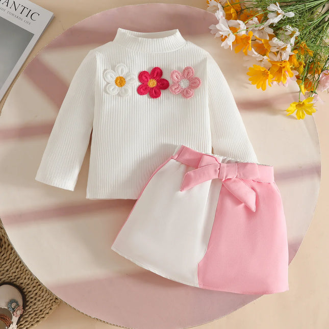 Baby Girl Outfit Set 0 - 3Y Baby Clothing Mock Neck Flower Applique Ribbed Top and Color Block Bow Skirt Cute Casual Party Wear
