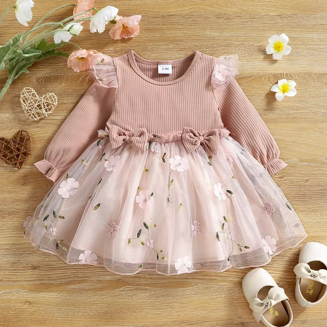 Baby Girl Pink Ribbed Long-Sleeve Bowknot Floral Embroidered Mesh Dress Perfect For Outings And Daily Wear