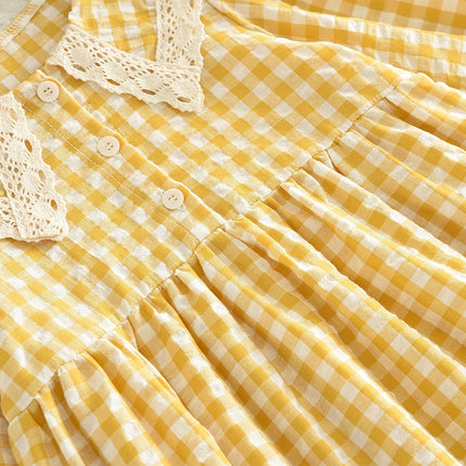 Autumn Girls Fashion Long Sleeve Turn-down Collar Checkered Printed Dress 1 Pc 3-7 Years Kids Casual Clothes