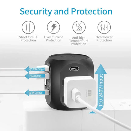 UPPEL Universal Travel Adapter US/UK/AU/EU Multiple Plug Converter Fast QC3.0 Type C USB Charger 3 Ports European Power Adapter