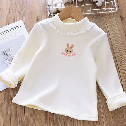 1pcs Children's T-Shirts Rabbit Embroidery Velvet warm top Kids Half High Collar Long Sleeve Base Shirt Girls Tshirts Clothes