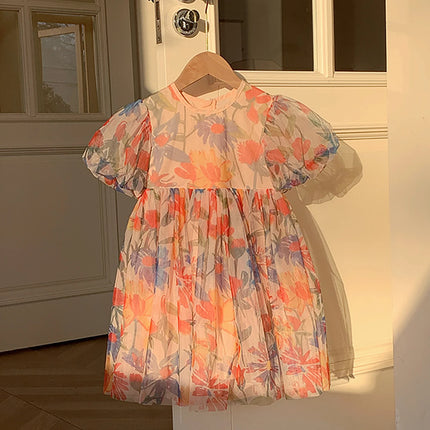 2025 Summer Kids Clothes Puff Sleeve Flower Print Dress For Girls Mesh Kids Dress for Girl