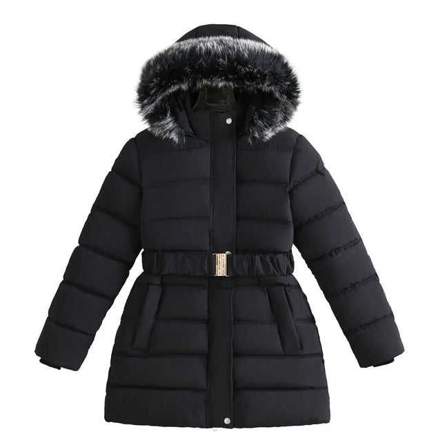 Winter Long Style Teen Girls Jacket Solid Color Slim Fit Fashion Detachable Hat Big Fur Collar Hooded Keep Warm Coat For Kids