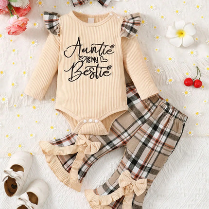 Baby Girl Slogan Graphic Ruffle Trim Bodysuit & Plaid Bow Front Flare Leg Pants & Headband