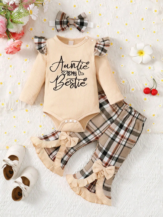 Baby Girl Slogan Graphic Ruffle Trim Bodysuit & Plaid Bow Front Flare Leg Pants & Headband