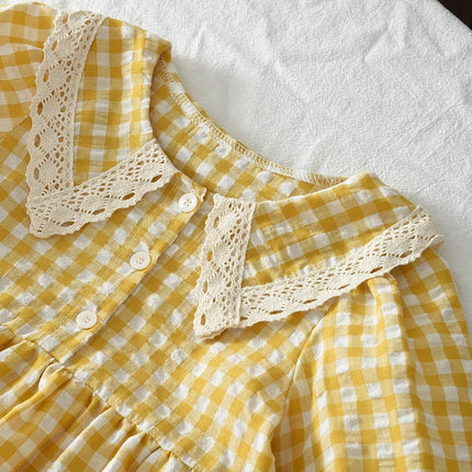 Autumn Girls Fashion Long Sleeve Turn-down Collar Checkered Printed Dress 1 Pc 3-7 Years Kids Casual Clothes