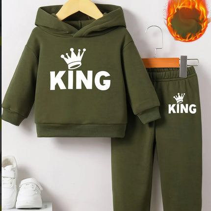 Baby Boy KING Crown Pattern Fleece Hoodie+Casual Pants Two Piece Set Spring and Autumn Sportswear