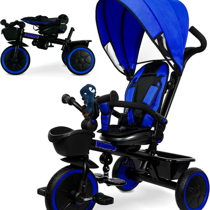 7-In-1 Tricycle Stroller for Toddlers 18 Months to 5 Years, Adjustable Push Handle, Rotatable Seat, Cup Holder and Retractable Canopy, Folding Baby Trike W/Detachable Guardrail, Footrest, BU