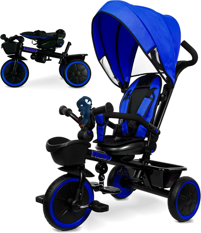 7-In-1 Tricycle Stroller for Toddlers 18 Months to 5 Years, Adjustable Push Handle, Rotatable Seat, Cup Holder and Retractable Canopy, Folding Baby Trike W/Detachable Guardrail, Footrest, BU