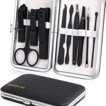 Manicure Set, Travel Mini Nail Clippers Kit Pedicure Care Tools, 10Pcs Stainless Steel Grooming Kit (Black)