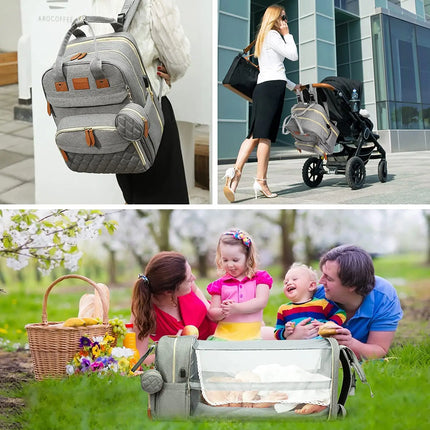 Multifunctional Waterproof Diaper Bag Backpack with Foldable Baby Bed and USB Charging Port