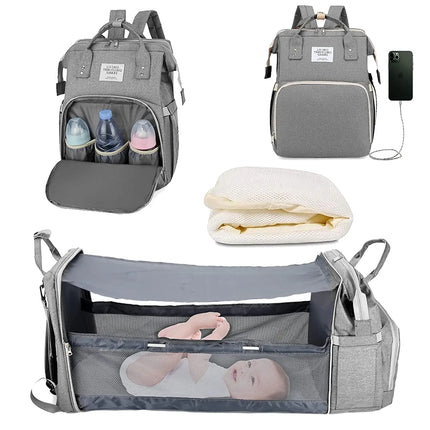 Multifunctional Waterproof Diaper Bag Backpack with Foldable Baby Bed and USB Charging Port
