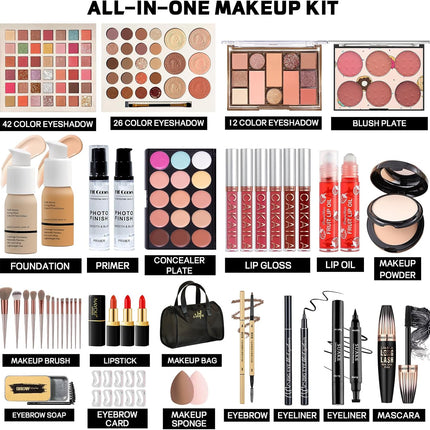 Comprehensive Makeup Set for Women and Teens, Ideal for Beginners and Professionals, Featuring Eyeshadow Palettes, Foundation, and Liquid Lipsticks