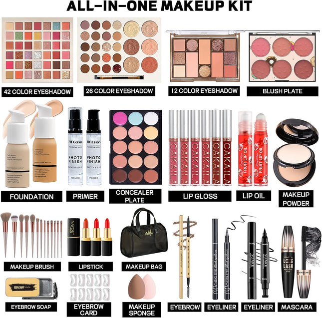 Comprehensive Makeup Set for Women and Teens, Ideal for Beginners and Professionals, Featuring Eyeshadow Palettes, Foundation, and Liquid Lipsticks