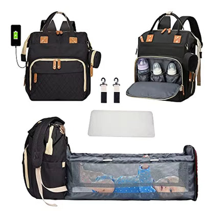 Multifunctional Waterproof Diaper Bag Backpack with Foldable Baby Bed and USB Charging Port
