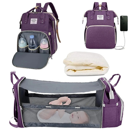 Multifunctional Waterproof Diaper Bag Backpack with Foldable Baby Bed and USB Charging Port